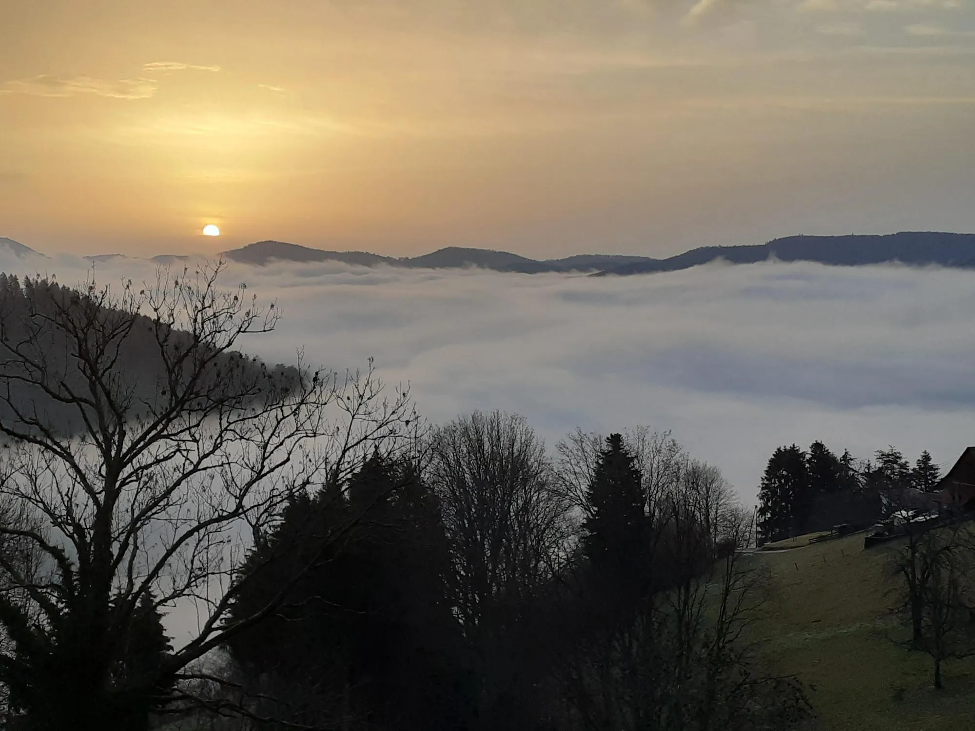 Coucher de soleil sur une mer de nuages au-dessus de la vallée de Munster